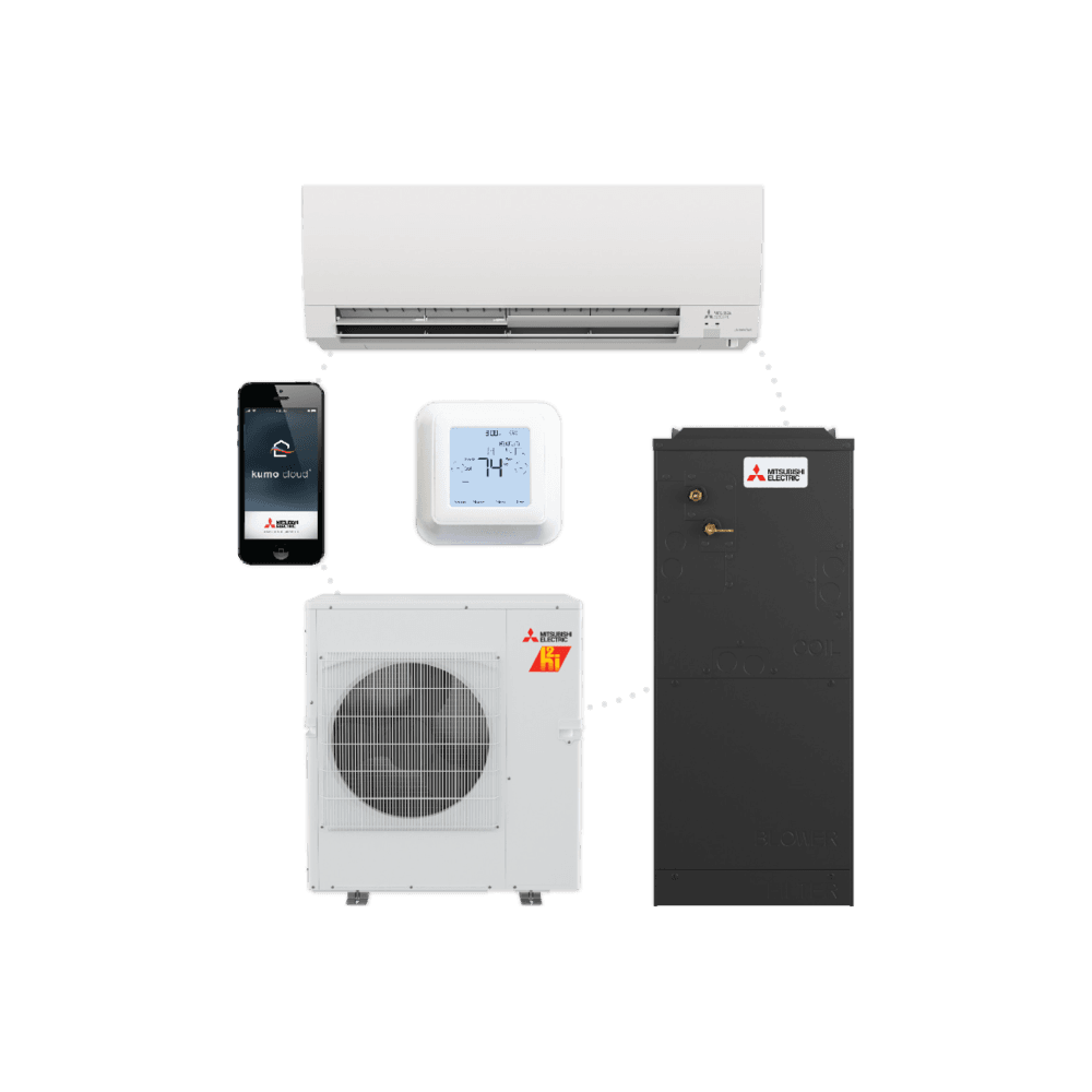 Indoor and outdoor components of Mitsubishi Electric heat pump systems with Kumo Cloud control